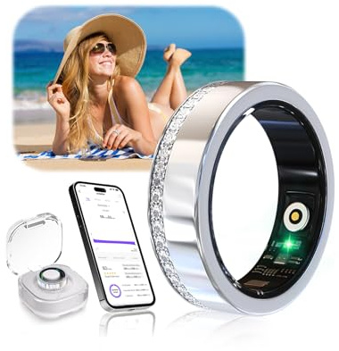 Smart Ring von Diamanten Umgeben und Kabelloses Ladeetui【IP68 Wasserdicht】【Branchennummer 1 – 0 Messfehler】 Tragbarer-Smartring für Android und iOS, Fitness Tracker zur Schlafüberwachung,Silber 9