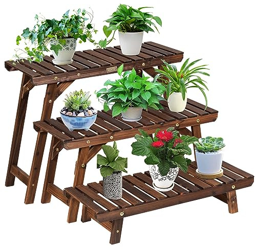 FANTASK 3tlg. Blumentreppe, 14/34/53 cm hoch, pflanzenständer Holz, Blumenbank freistehend, Blumentreppe, Pflanzenregal für Balkon Garten, Indoor & Outdoor Holzregal, Natur