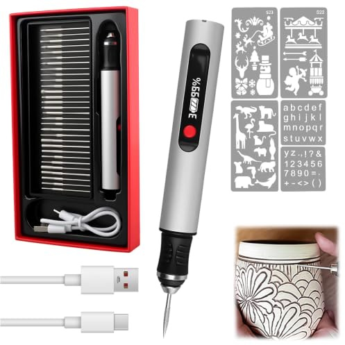 Bolígrafo Grabador Eléctrico Inalámbrico, Lápiz Grabador Portátil con 3 Velocidades Ajustables, Mini Taladro Manualidades Recargable USB para Madera, Metal, Vidrio, Joyería, Kit de Grabado DIY