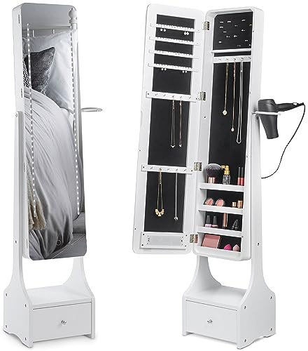 BTFY Mirror Jewellery Cabinet - Free Standing Mirror with Storage - Full Length Tilting Armoire for Bedroom - Jewellery Storage for Earrings, Rings & Necklaces w/ LED Lights, Hair Dryer Ring & Drawer