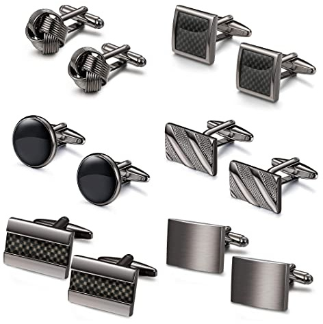 FIBO STEEL Cufflinks for Men Classic Black Cufflink Set Unique Round Square Rectangle Cuff Links for Business Shirt Formal Wedding Tuxedo Groom Suit Accessories Men Present 6 Pairs