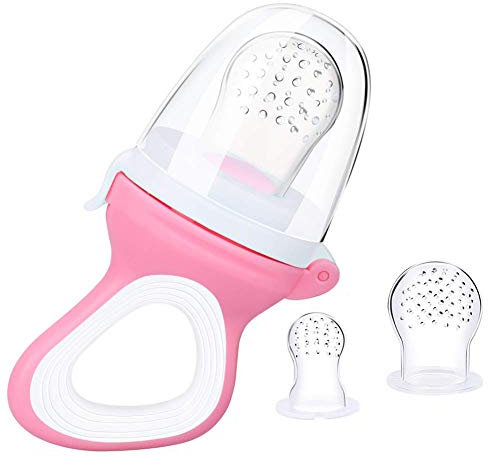Fruchtsauger für Baby & Kleinkind + 3 Silikon-Sauger in 3 Größen - BPA-frei - Schnuller Beißring für Obst Gemüse Brei Beikost (Rosa)
