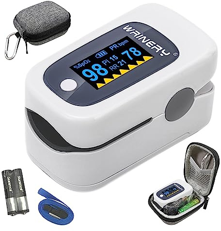 WRINERY Fingertip Pulse Oximeter, Oxygen Saturation Monitor, O2 Saturation Monitor, OLED Portable Oximetry with Batteries, Lanyard (Gray-White)