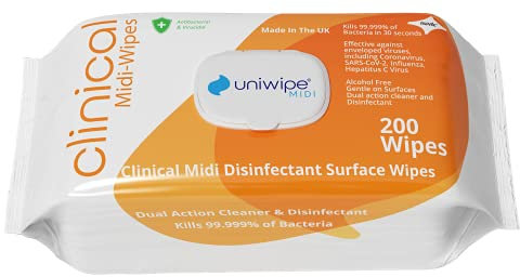 Uniwipe Clinical Midi-Wipes, Antibacterial, Sanitising, Kills 99.999% of Germs, 200 Count