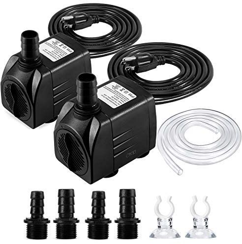 CWKJ Fountain Pump, 2 Packs 400GPH(25W 1500L/H) Submersible Water Pump, Durable Outdoor Fountain Water Pump with 6.5ft Tubing (ID x 1/2-Inch), 3 Nozzles for Aquarium, Pond, Fish Tank, Water Pump