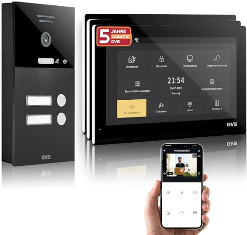 GVS Video Türsprechanlage 2-Familienhaus - 3X 10 Zoll Monitor | Smarte Video Türklingel mit Kamera und Monitor - Gegensprechanlage mit Türöffner (AVS5510A)