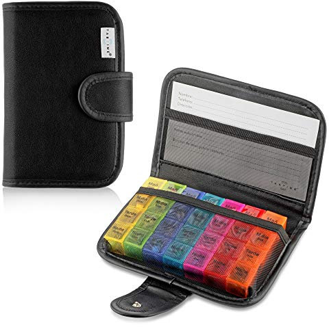 Pastillero semanal 4 tomas español, organizador pastillas de 7 días, pastilleros viaje para vitaminas, suplementos y medicamentos, Negro