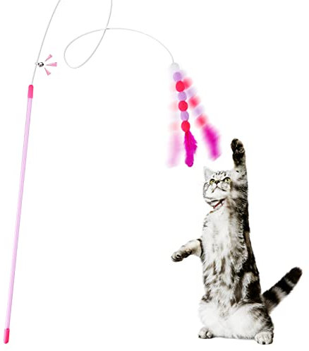 Cobee Katzenfederspielzeuge, weiches Katzenspielzeug mit Glocke, Pompon, Katzenstab, interaktives Katzenspielzeug, Trainingsspielzeug, Katzen-Teaser Spielzeug für Innen-Kätzchen