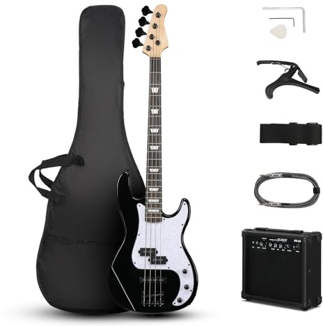 Ktaxon 4 String Electric Bass Guitar, PB-Style Full Size Standard Right Handed Beginner Kit with 20W AMP, Gig Bag, Strap, Upgrade Cable, Guitar Capo for Youths & Adults (Black)