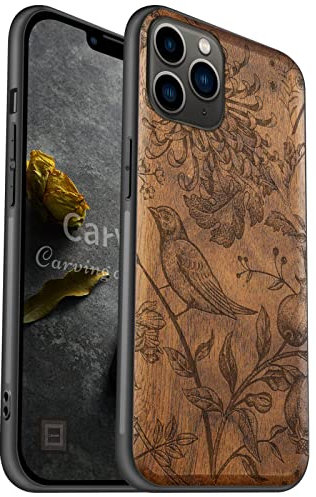 Carveit Coque Compatible avec iPhone 11 Pro Étui en Bois [Etui en Bois Rigide Antichoc avec Cadre en TPU] Téléphone Étui pour 11 Pro Premium Coque de Protection (Noyer-Fleurs et Oiseaux)