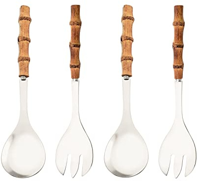 Uniturcky Serving Spoon and Fork Set, 304 Stainless Steel Serving Utensils with Natural Bamboo Handle, 10 Long Handle Serving Set for Kitchen Party Buffet, 4 Pieces / 2 of Each