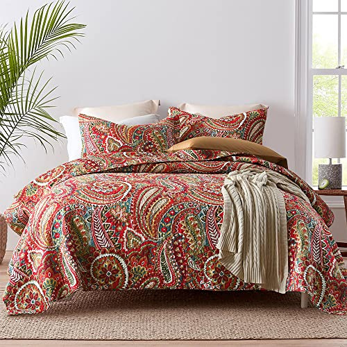 ENASAL Tagesdecke Bettdecke aus Baumwolle 220x240cm, Bettüberwurf 230x250 für Doppelbett Rot Paisley Ganzjahresdecke Sofaüberwurf Gesteppte Decke Steppdecke mit 2 Kissenbezug