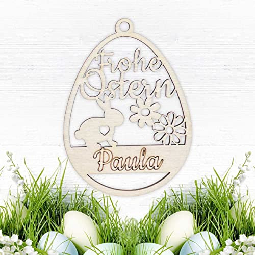 Osterschmuck aus natürlichem Birkensperrholz mit Wunschnamen - Anhänger Ostern Ei personalisiert mit Namen, Hängedekoration aus Holz, personalisierte Ostereier als Geschenk (Style 17)