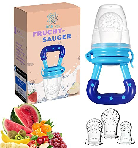 DGN Toys Fruchtsauger Set für Baby ab 4 Monate BPA Frei | Fruchtschnuller | Beißring | Helfer für Jede Mutter |Obstsauger | Gemüsesauger |mit 3 Größen |sowohl für Babys als auch Kleinkinder (Blau)