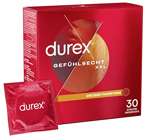 Durex Gefühlsecht XXL Kondome – Dünne Kondome mit großer Passform & mit Silikongleitgel befeuchtet, transparent, angenehmer Geruch - für einen komfortablen Sit – 30er Pack (1 x 30 Stück)