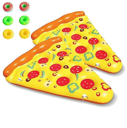 JUNZAI WasserhäNgematte, Pizza Luftmatratze Wasser, Mit 3/6 GeträNkehaltern Luftmatratze Pizza FüR Kinder Und Erwachsene,2PCS