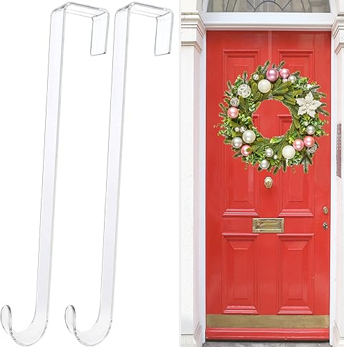 Kranz-Kleiderbügel für Haustür, 38,1 cm, Türaufhänger, transparent, Kranzaufhänger, 2 Stück, kratzfeste Türhaken, Herbst, Halloween, Weihnachtsdekoration, drinnen und draußen, Willkommensschild für