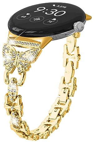 MVRYCE Kompatibel mit Google Pixel-Bändern für Damen, Edelstahl-Strasssteine, verstellbare Fitness-Armbänder für Google Pixel SmartWatch 2022 (Golden)