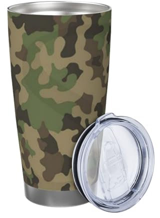BONDIJ 590 ml Becher mit Deckel, grüner Camouflage-Druck, isolierter Becher, Edelstahl, isolierte Tassen, vakuumisoliert, Kaffee, Eisbecher, doppelwandig, Auto, Reisebecher für Auto, Büro,