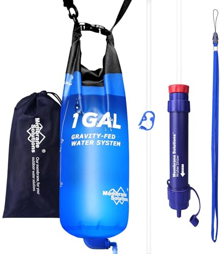 Membrane Solutions Filtre à Eau par Gravité 1 gallon(3,8 l) Paille de Filtre à Eau avec Sac à Eau, précision du filtre jusqu'à 0,1 micron, élimine 99,9999% des E.coli, Camping, Randonnée