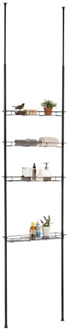 Duschregal Paula, 4 offene Ablagekörbe, schwarz, Teleskopstange höhenverstellbar, ausziehbar bis 280cm. Ideal für Badezimmer ohne Bohren. Inklusive Duschablage Teleskopstange, Teleskopreg