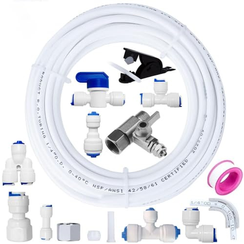 PAROAD Universal Wasserzulaufleitung Anschlussset, 1/4 (6,35mm) RO Wasserfilter Fitting, 15 Meter Schlauch, 16er-Pack(Y + T + I + L Typ Verbinder + Absperrventil + Rohrschneider usw)