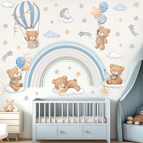 decalmile Regnbågsdjur väggdekaler varmluftsballong djur björn moln väggklistermärken baby barnkammare barn sovrum vardagsrum väggdekor