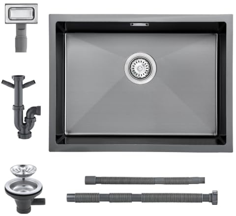 KEOKBON 60×45cm Kitchen Sink Nano Anthracite | 60 × 45 x 19 cm single bowl, stainless steel, undermount flushmount topmount, overflow, drainage and trap kit included