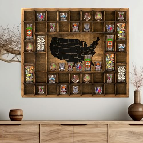 GlikCeil Large US Map 44 Slots Shot Glass Display Case 28 x 22.6'' Jumbo Rustic Wood Shot Glass Holder for Different Size Shot Glass Shelf Organizer Wall Mount Pint Shot Glass Storage Shadow Cabinet