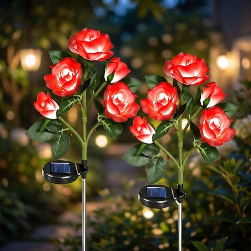 Hqynss 2 Stück Solarlampen für Außen Garten, IP65 Wasserdichte LED Solar Rosen Blumen, Solar-Blumenleuchten für Terrasse, Balkon, Weg, Hochzeit (Rot)