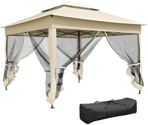 Outsunny Tonnelle de Jardin Exterieur Pop-up Barum Pliant 3 x 3 m Crème | Métal Polyester, Imperméabilisé Anti UV, Moustiquaires, Sac de Transport
