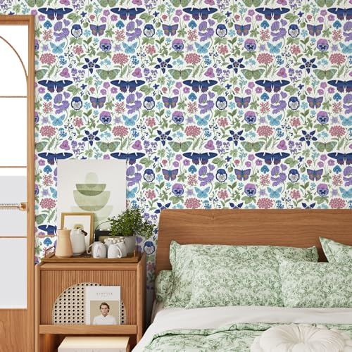 VaryPaper Peel and Stick Butterfly Wallpaper Vintage Floral Contact Paper 44.5cmx200cm Sticky Back Plastic Purple Flower Wallpaper for Girl Bedroom Nursery Cupboard Vinyl Wrap for Furniture Shelves