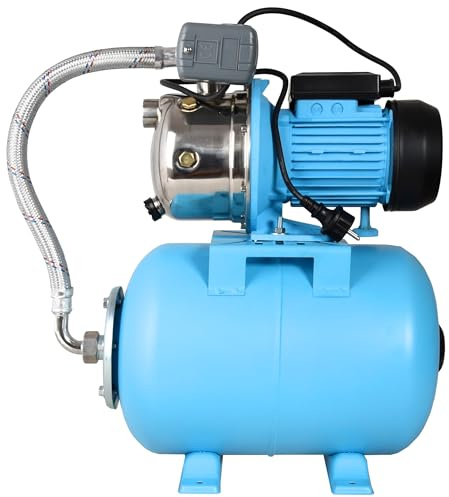 Hauswasserwerk JX 1100 - Pumpe zur Hauswasserversorgung mit 24L Tank - Edelstahl INOX - Wasserpumpe (3600 l/h, 1100W, Förderhöhe 50m) - EPDM Membrane, Druckschalter, Manometer - Membrankessel 24 Liter