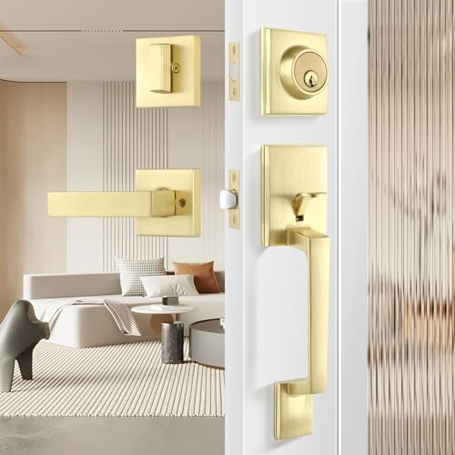 Leydebong Gold Entry Door Handle and Single Cylinder Deadbolt Lock and Key, Brushed Brass Front Door Lock - Heavy Duty Square Locking Lever Set - Exterior Door Handle