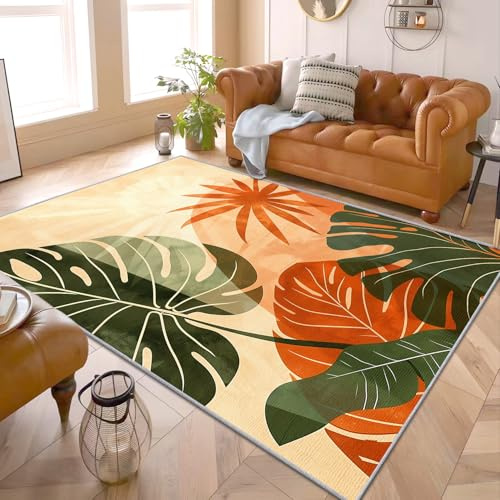 PaxGloz Tropical Leaf Rugs - Monstera Palm Rug, Orange Green Botanical Rugs for Living Room Bedroom, Washable Non Slip Soft Large Carpet, Patterned Area Rug & Home Decor 140x200 cm