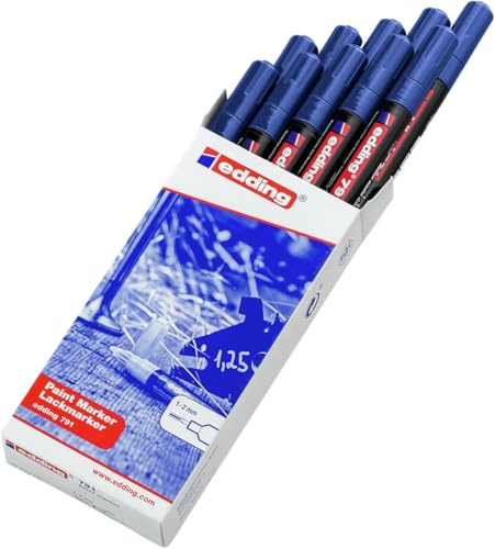 edding 791 Lackmarker – blau – 10 Stifte – dünne Rundspitze 1-2 mm – Lackmarker zum Markieren und Beschriften von Metall, Glas, Stein oder Kunststoff – hochdeckend, permanent, wischfest