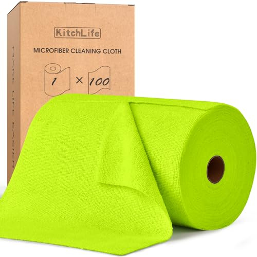 KitchLife Mikrofaser Reinigungstücher, 100 Stück pro Rolle Abreißbare Putztücher, Wiederverwendbare Fusselfreie Lappen für Küche, Haus und Auto, Neon grün