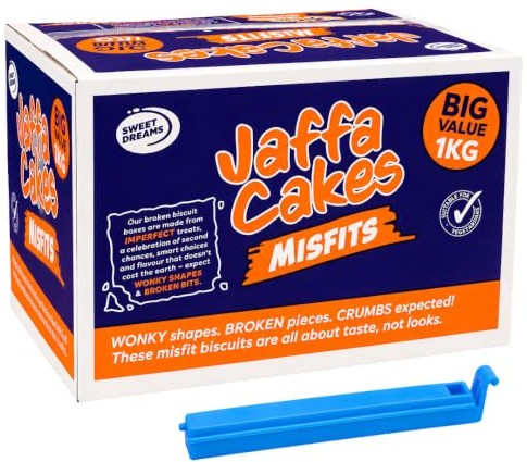 Jaffa Cake Misfits 1kg Box with Reusable Freshness Clip – Broken Biscuits | 1kg of wonky, broken Jaffa Cake pieces with a reusable freshness clip to help reseal the inner bag between snack times.