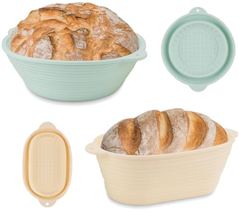 Wonlooker 2 Pack Thickened Bread Proofing Baskets, Silicone Sourdough Baking Basket, 10” Round & 10” Oval Foldable Banneton Baskets for Professional Baker & Homemade Bread Beginner (Beige&Green)