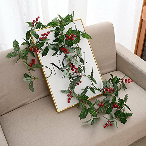 FUANA Guirnalda de ratán artificial de 1,8 m, hojas de acebo, bayas rojas, enredadera de Navidad, para colgar en el árbol de Navidad, decoración del hogar