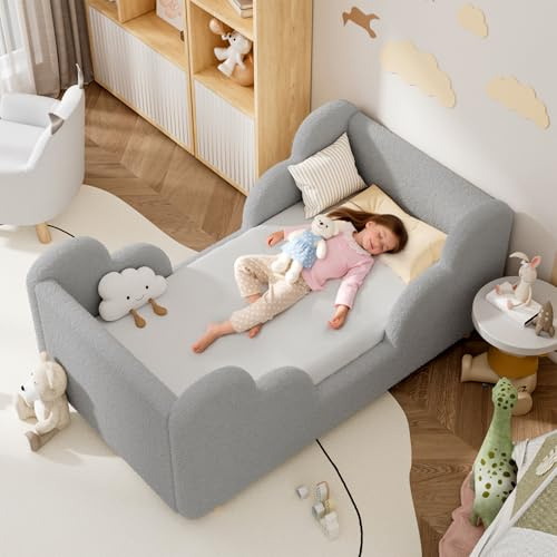 Meulbaty Kinderbett 70x140, Wolkenweicher Kinderbettrahmen, Kinderbetten mit extrabreitem Schutz für Mädchen und Jungen (ohne Matratze), Grau