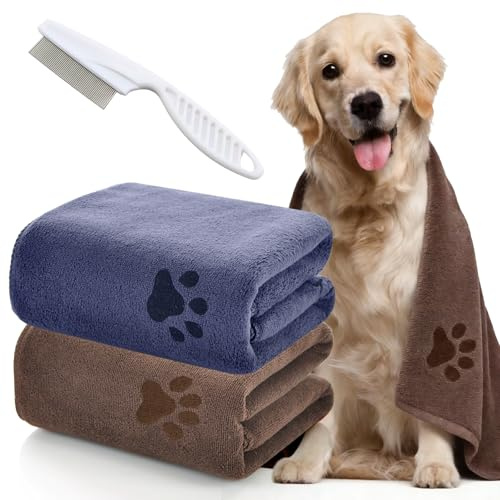 KASURE 2 Pack Dog Towels, 75x35cm Ultra-Absorbent Dog Towel, Micofiber Pet Towels - Fast Drying - Super Soft, Quick Dry Dogs Cats Bath Towel for Medium & Small Dogs Cats（Hair comb included）