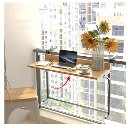 Mesa plegable para terraza o patio, mesa colgante para balcón, mueble pequeño para balcón, mesa de bar para balcón, escritorio colgante compatible con diversas barandillas (60 x 38 cm/23,6 x 15 pulga