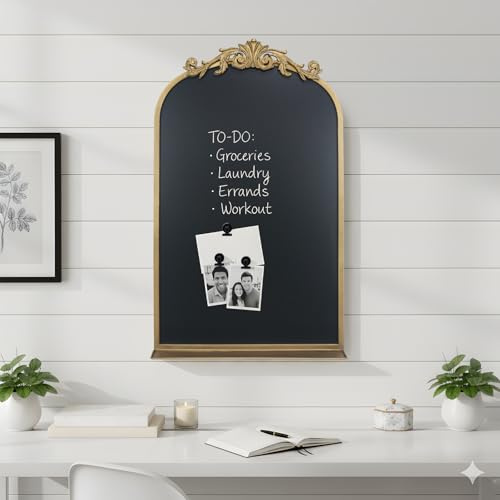 CASOLLY Vintage Magnetic Arch Chalkboard with Shelf - 19x31 Decorative Wall Mounted Ornate Gold Framed Blackboard with Chalk, Clips & Cloth - Elegant Wedding Sign & Kitchen Menu Home Decor