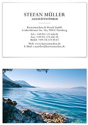 Individuelle Foto Visitenkarten von 100 bis 2.500 Stück personalisiert Universal, eigener Text und Bild/Logo, dickes 300g/qm Papier, 85x55mm, beidseitiger Druck, Farbe und Schriftart wählbar