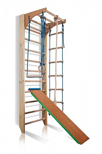 Sprossenwand, Klettergerüst Indoor Kombi‑3-220-Farbe Kletterwand aus Buchenholz - Schwedische Leiter mit höhenverstellbarer Klimmzugstange, Kletternetz, Kletterturm, Holz Turnwand, Sportgerät, Gym