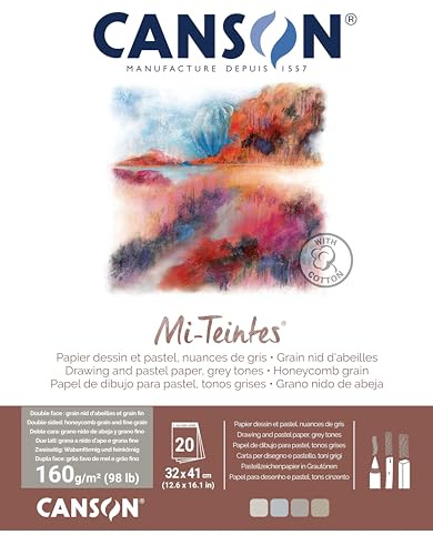 CANSON Mi-Teintes Coloured Drawing 160gsm 32x41cm Paper, Double Sided: Honeycomb & Fine Grain, Pad Glued Short Side, 4 Grey Tones, 20 Sheets, For Professional Artists & Illustrators