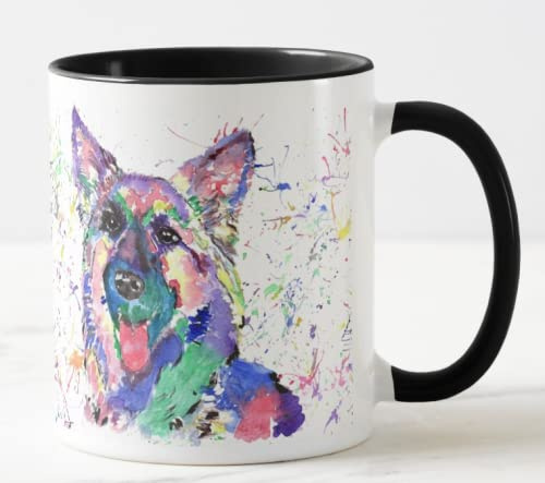 Vixar German Shepherd Dog Pet Watercolour Rainbow Art Coloured Mug Cup Gift Birthday Work Office Christmas Tea Coffee (Black)