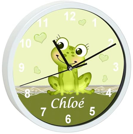 CreaDesign, Wanduhr für Kinderzimmer Frosch, Kinderuhr weiß mit Quarz Uhrwerk, personalisiert mit Name, Durchmesser 19,5 cm