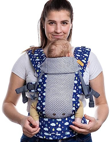 Beco Gemini Babytrage von Neugeborenem bis Kleinkind | Ergonomische Babytrage für Babys 3,2–15,8 kg (7–35 lbs) | M-Position, Verstellbarer Sitz, Atmungsaktives 3D-Mesh (Regentropfen)